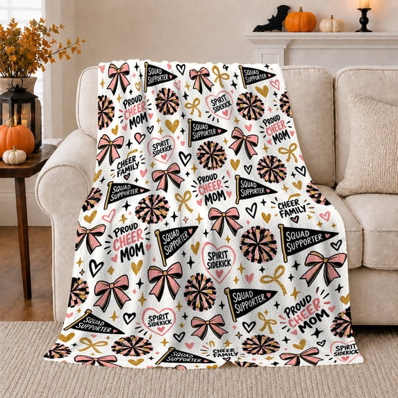 Cheerleading Spirit Family Pom-Pom Heart Bow Design, Festive Artistic Scene, Warm Flannel Blanket for Living Room and Bedroom, Art Lovers decorative theme Gift, Artistic Home Decor