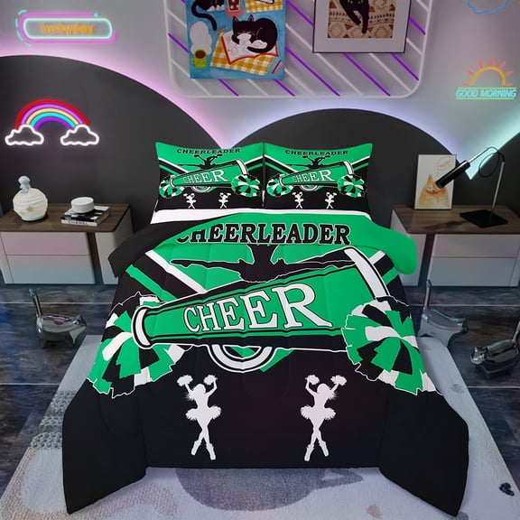 Cheerleading Twin Comforter Set Cute Cheerleader Bedding Set Twin, Black and Green Bedding Comforter Sets Dancer Princess Duvet Set, Cheerleading Dance Quilted Comforter Room Decorative