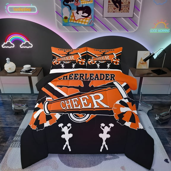 Cheerleading Twin Size Comforter Set Cute Cheerleader Bedding Set, Black and Orange Down Comforter Dancer Princess Bed Set, Cheerleading Dance Quilted Duvet Room Decorative
