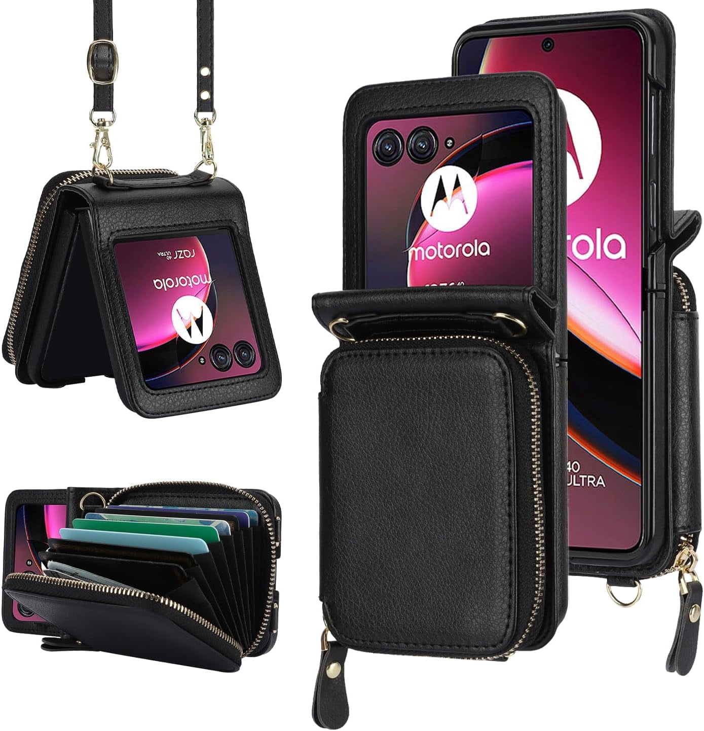 Cheeroll RFID Blocking PU Leather Wallet Cell Phone Case for Motorola Moto Razr+ 2023, Black