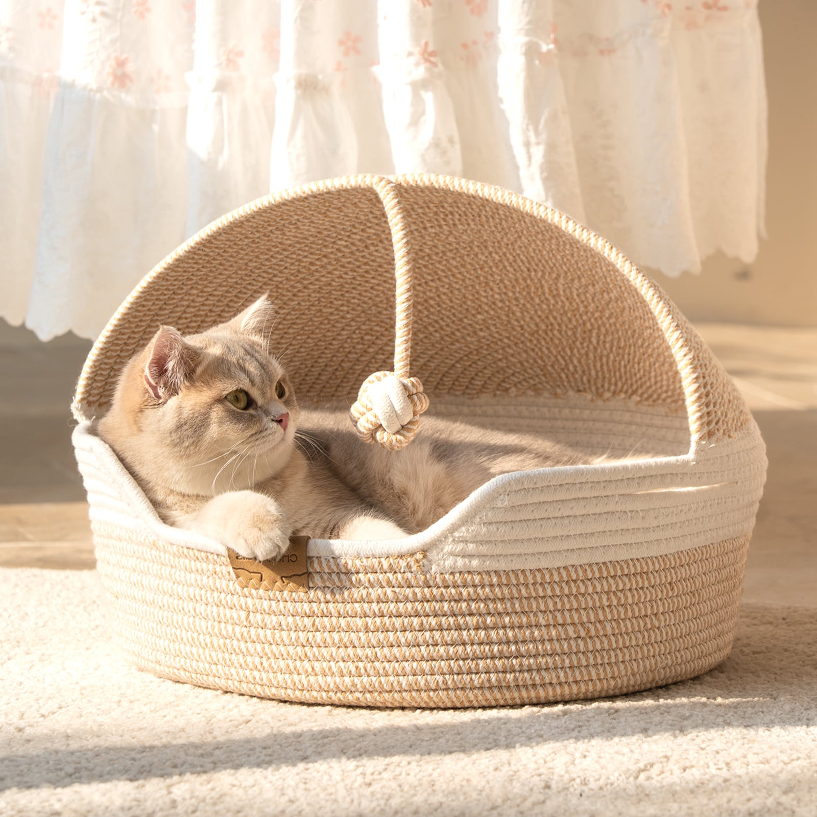 Cheerpals 3-in-1 Cat Bed, Hand-Woven Cat Cave with Washable Cushion & Toy Ball, Durable Cat Scratcher for Year-Round Use