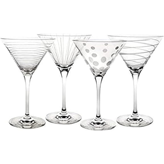 Cheers 10-Ounce Martini Glasses, Fun Etched Designs, Durable Clear Glass Cocktail Glassware, Set of 4, Perfect for Entertaining and Gifting