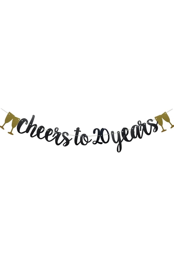 Cheers to 20 Years Banner,Pre-Strung, Black Paper Glitter Party Decorations for 20TH Wedding Anniversary 20 Years Old 20TH Birthday Party Supplies Letters Black