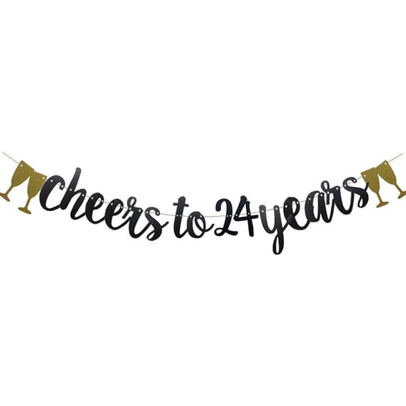 Cheers To 24 Years Banner,Pre-Strung, Black Paper Glitter Party Decorations For 24TH Wedding Anniversary 24 Years Old 24TH Birthday Party Supplies Letters Black