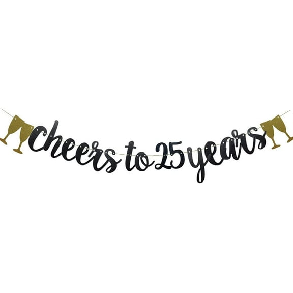 Cheers To 25 Years Banner,Pre-Strung, Black Paper Glitter Party Decorations For 25TH Wedding Anniversary 25 Years Old 25TH Birthday Party Supplies Letters Black