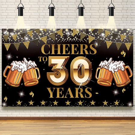 Cheers to 30 Years Backdrop Banner, Happy 30th Birthday Decorations for Men Women, 30th Anniversary, Class Reunion Backdrop, Black Gold 30 Years Celebration Party Decoration