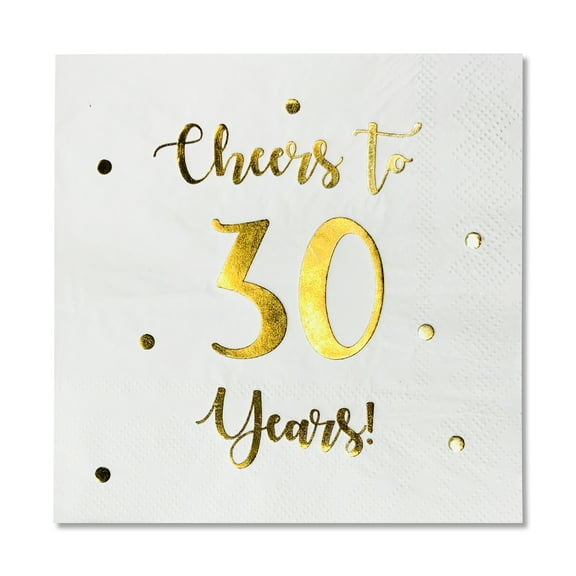 Cheers to 30 Years Cocktail Napkins | Happy 30th Birthday Decorations for Men and Women and Wedding Anniversary Party Decorations | 50-Pack 3-Ply Napkins | 5 x 5 inch folded (White)