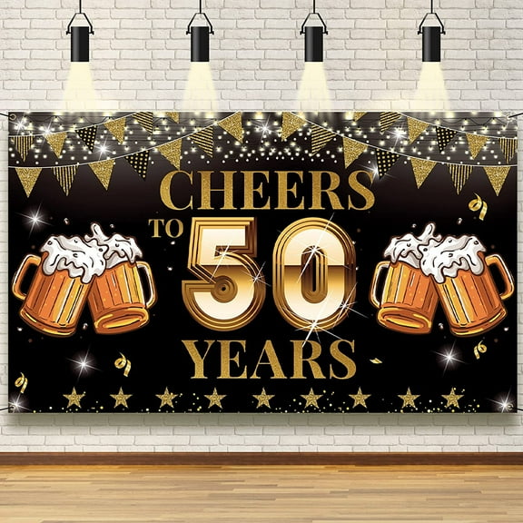 Cheers to 50 Years Backdrop Banner, Happy 50th Birthday Decorations for Men Women, 50th Anniversary Decorations, 50th Reunion, Black Gold 50 Years Celebration Party Decor