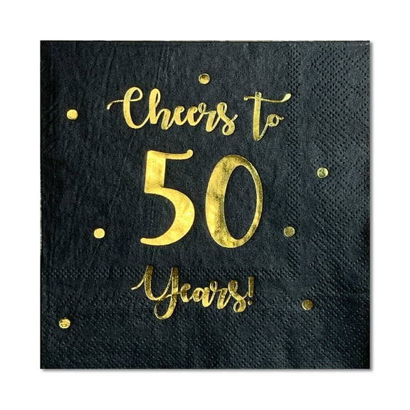 Cheers to 50 Years Cocktail Napkins | Happy 50th Birthday Decorations for Men and Women and Wedding Anniversary Party Decorations | 50-Pack 3-Ply Napkins | 5 x 5 inch folded (Black)