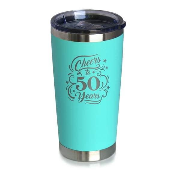 Cheers 50 Years - Insulated Coffee Tumbler with Sliding Lid - 50th Anniversary Gifts - Teal 20oz