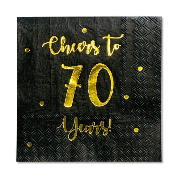 Cheers to 70 Years Cocktail Napkins | Happy 70th Birthday Decorations for Men and Women and Wedding Anniversary Party Decorations | 50-Pack 3-Ply Napkins | 5 x 5 inch folded (Black)