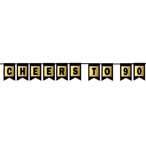 Cheers 90th Brithday Anniversary Black & Mettalic Gold Handing Party Wall Decoration Bunting Banner