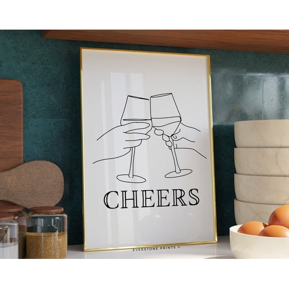 Cheers Bar Cart Art, Drinks Art, Cocktail Print, Wine Print, Bar Wall Art, Kitchen Art, Line Drawing, Wine Line Art Wall Art, Modern Wall Decor, 12x18 UNFRAMED