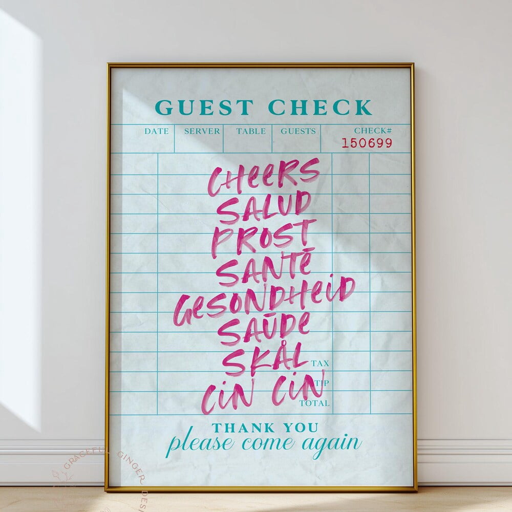 Cheers Bar Cart Print: Guest Check Sign, Preppy Kitchen Art UNFRAMED ...