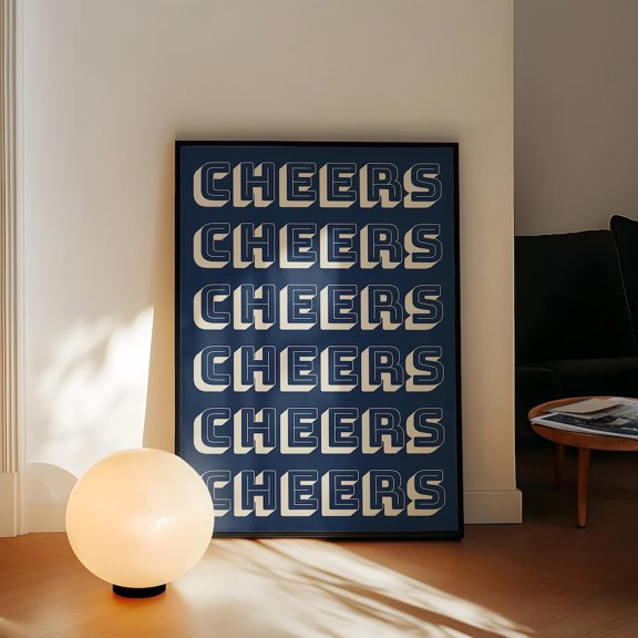 Cheers Bar Cart Print, Retro Blue Bar Decor, Stretched Canvas 8x10in