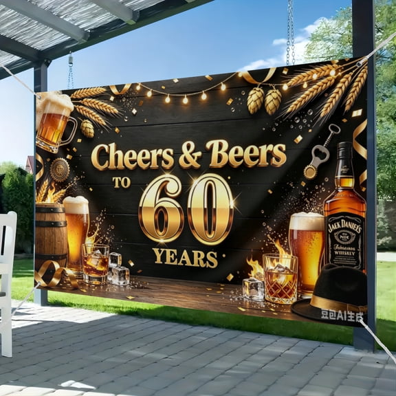 Cheers & Beers to 60 Years Backdrop Banner Black and Gold Happy 60th Birthday Decorations Beer Whiskey 60 Year Old Birthday Banner for Men Women 51*59IN
