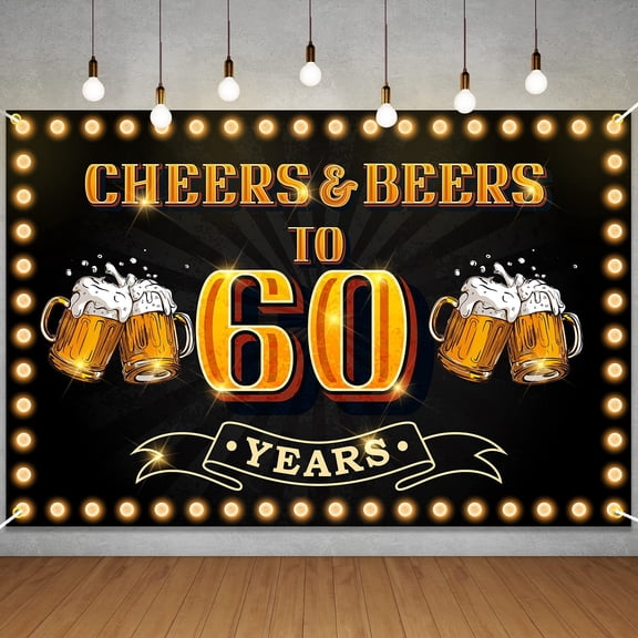 Cheers and Beers to 60 Years Banner Backdrop Happy 60th Birthday Background for Men Women Photography Bday Anniversary Party Sign Decorations Supplies Black and Gold