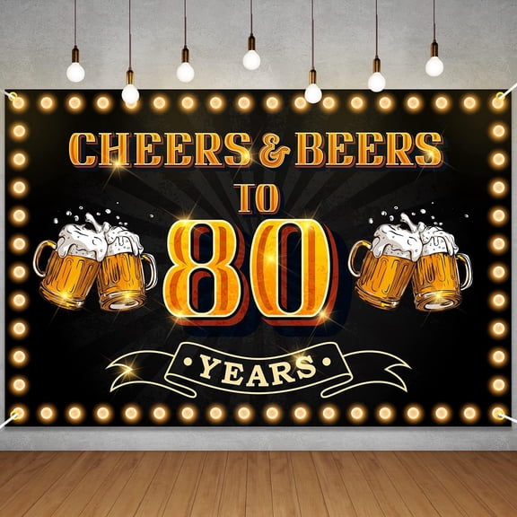 Cheers and Beers to 80 Years Banner Backdrop Happy 80th Birthday Background for Men Women Photography Bday Anniversary Party Sign Decorations Supplies Black and Gold