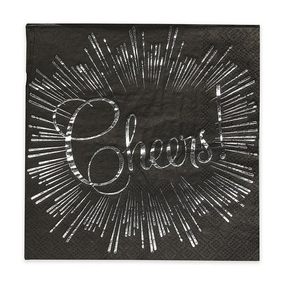 Cheers Beverage Napkins / 50 Square Cocktail Napkins With Real Silver Foil Accents / Modern Wedding Anniversary Party Supplies