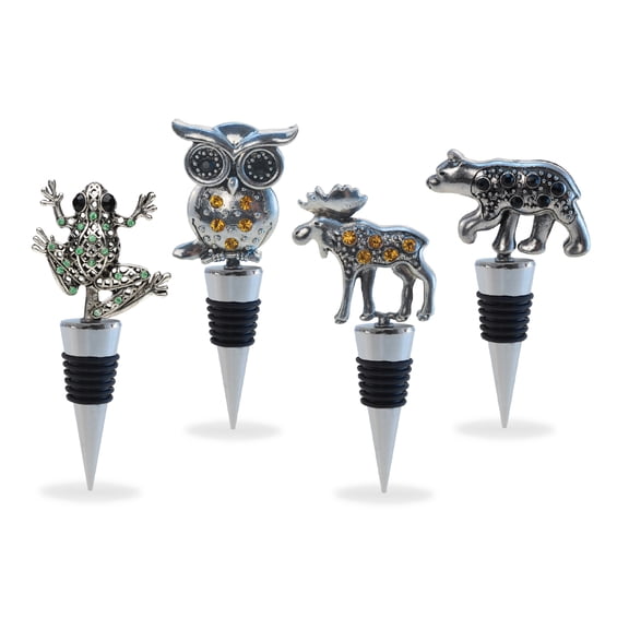 Cheers Black Bear, Moose, Owl, Frog Metal Wine Stopper Set of 4 Elegant Vacuum Seal Reusable Animal Wine Bottle Stoppers, Airtight Leak Proof Bottle Topper Cork Plug, Home Decor Bar Tool Accessory