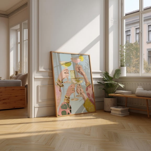 Cheers Cocktail Art Print, Modern Bar Illustration, Pastel Drink Decor #2629, Unframed Poster Size 12x18