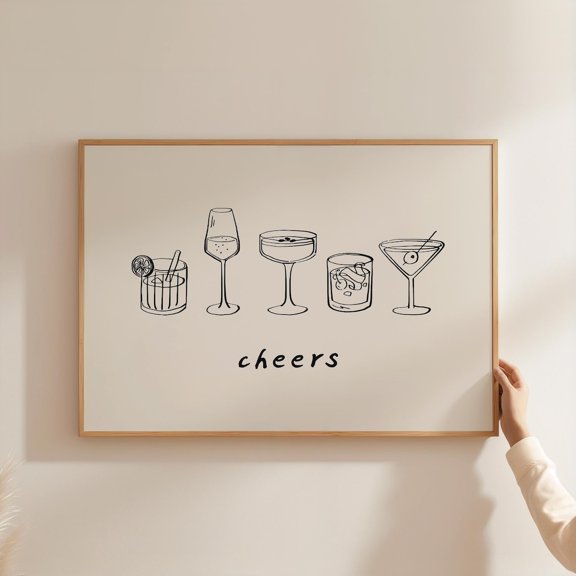 Cheers Cocktail Bar Cart Wall Decor Trendy Kitchen Typography Menu Art