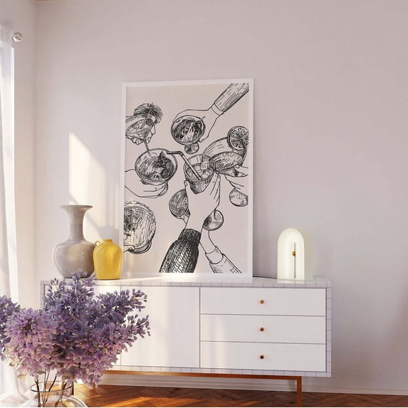 Cheers Cocktail Black Bar Cart Art Neutral Cocktail Bar Kitchen Wall Art, Unframed Paper Poster 24x36in