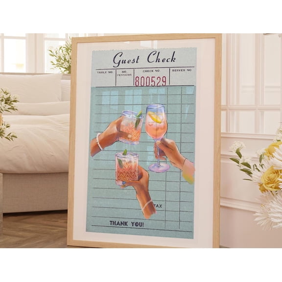 Cheers Cocktail Guest Check Art Print Retro Kitchen Decor, Stretched Canvas 8x10in