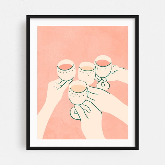 Cheers to Good Times - India Digital Art Cocktail Line Art Minimalist Pastel Modern Art Kitchen Decor Whimsical Black Framed Wall Art Print 9 x 12 inches
