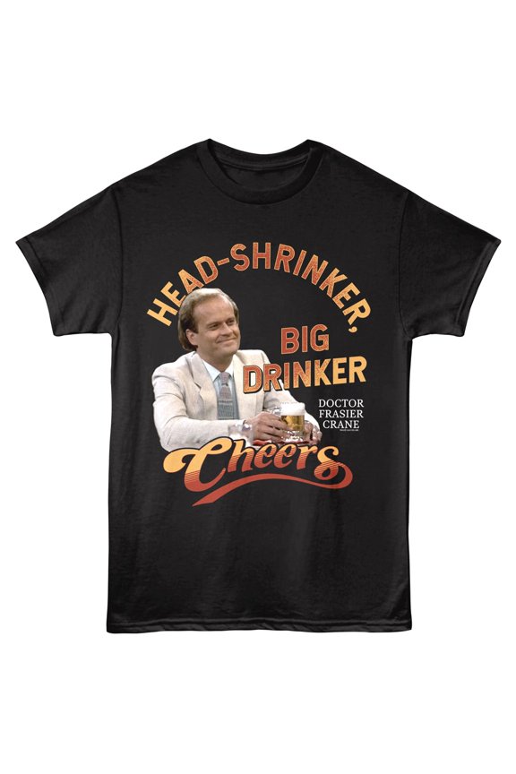 Cheers Head Shrinker Big Drinker Men's T Shirt (Black, AdultL)