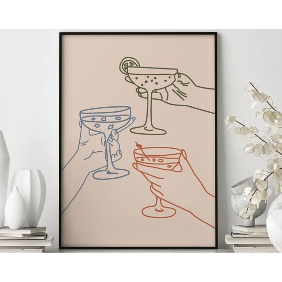 Cheers Line Art Poster Bar Cart Kitchen Wall Art, Unframed Paper Poster 8x10in