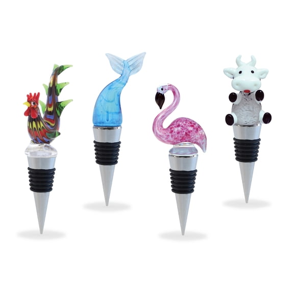 Cheers Mermaid Tail, Flamingo, Rooster, and Cow Glass Wine Stopper Set of 4 Elegant Vacuum Seal Reusable Wine Bottle Stoppers Airtight Leak Proof Bottle Topper Cork Plug and Bar Tool Accessory