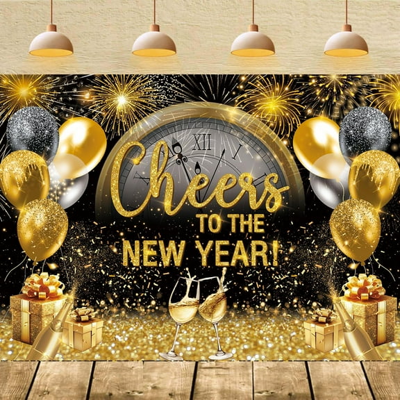 Cheers to The New Year Backdrop Black and Gold Countdown New Year Photography Background for 2026 Nye Decorations Banner New Years Eve Party Supplies Photo Props