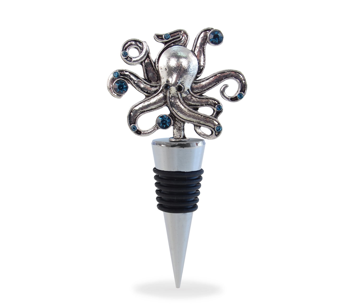 Silver Octopus Rhinestone Wine Bottle Stopper with Rubber Seal