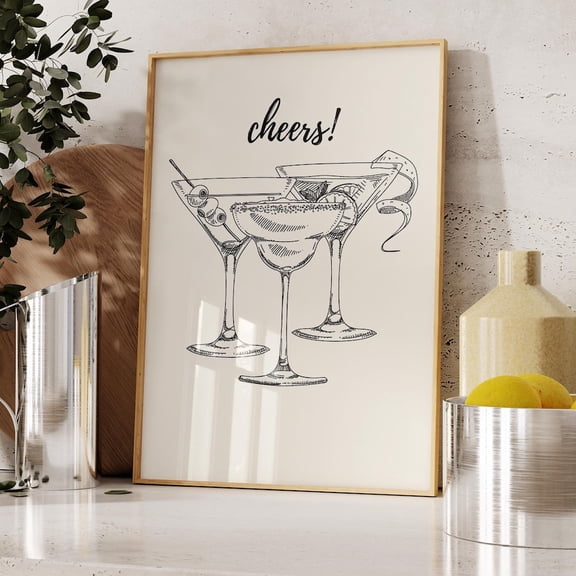 Cheers Print Black Bar Cart Print, Trendy Wall Art, Black, Retro Kitchen Poster, Drink Print, Black Cocktail Wall Art, UNFRAMED PAPER POSTER, Home Decor, Vintage Gift, Living Room Dercor