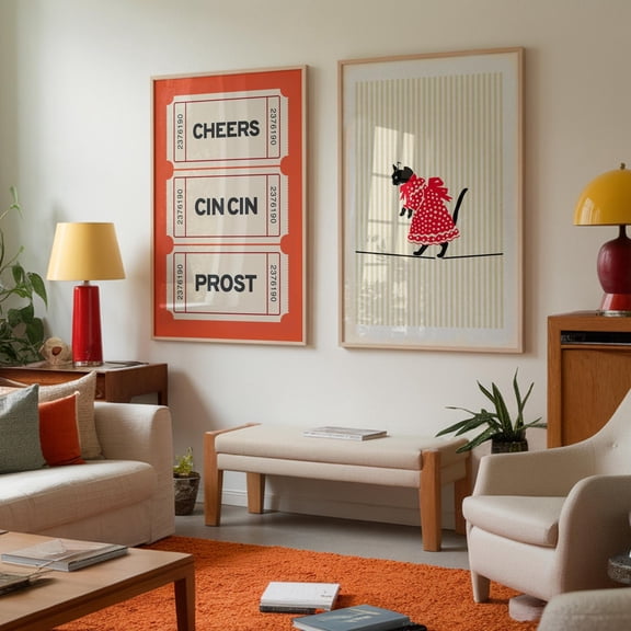 Cheers Print Red Cat Whimsical Prints Girly Wall Art for Dorm Rooms CIN CIN Print Unique Art Set 2 Unframed Paper Print 20x30
