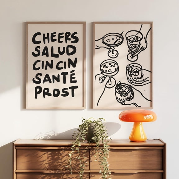 Cheers Print Retro Neutral Bar Cart Print Cocktail Happy Hour Decor Set 2 Unframed Paper Print 8x12