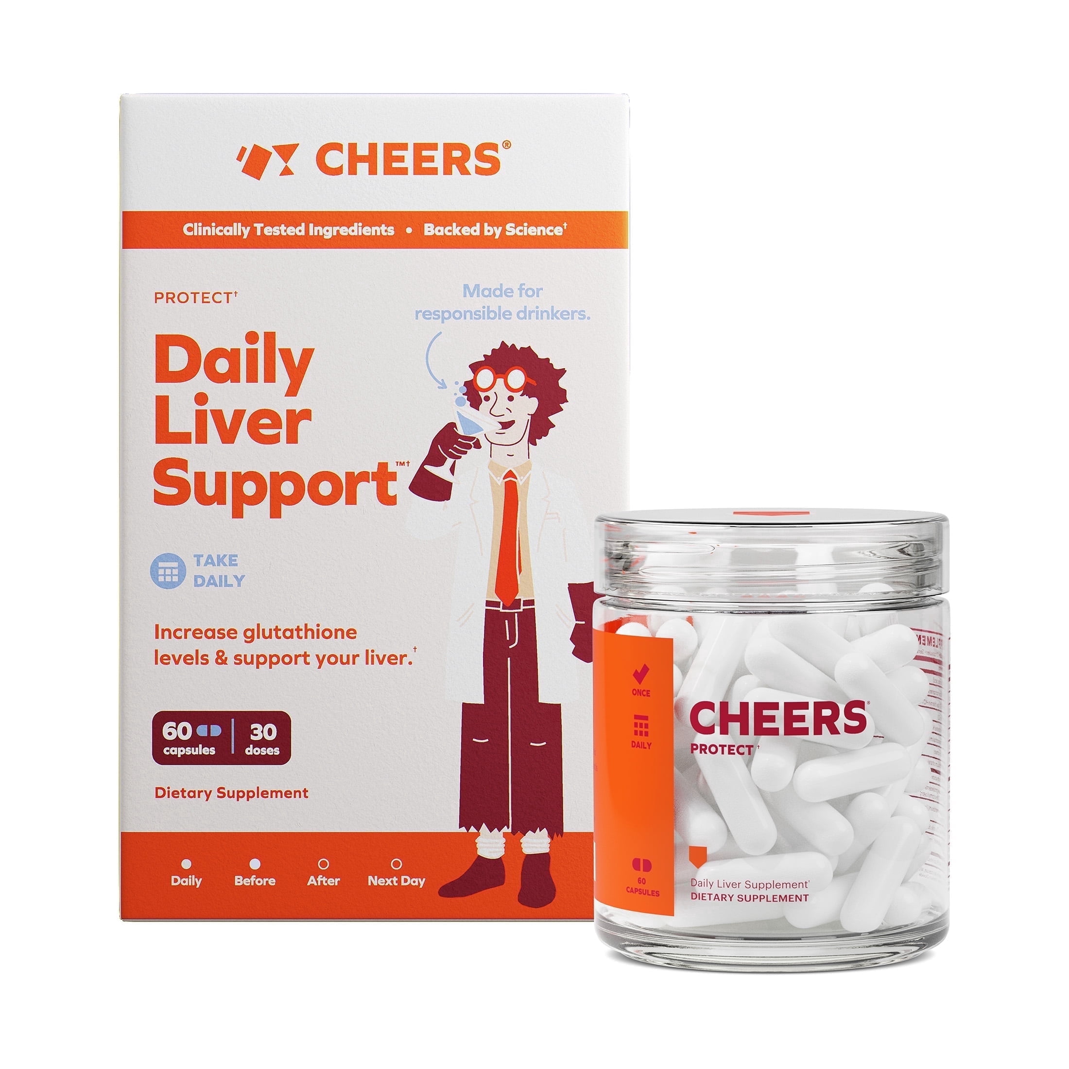 Cheers Protect: Daily Liver Support, DHM Supplement, Milk Thistle Capsules, Hydration Packets, 30 Doses