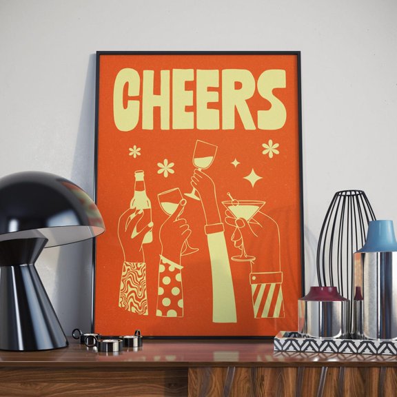 Cheers Retro Typography Print, Bold Kitchen Wall Art in Green, Blue or Orange, Poster Only