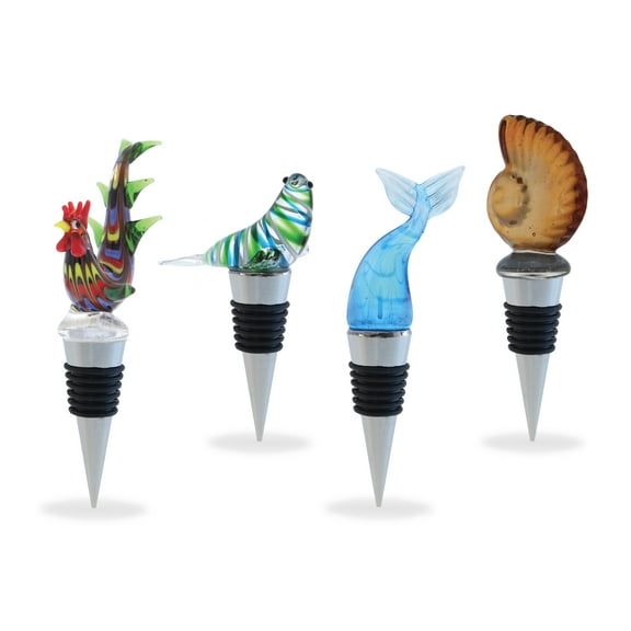 Cheers Rooster, Sea Shell, Mermaid Tail, Seal Glass Wine Stopper Set of 4 Elegant Vacuum Seal Reusable Wine Bottle Stoppers Airtight Leak Proof Bottle Topper Cork Plug and Bar Tool Accessory
