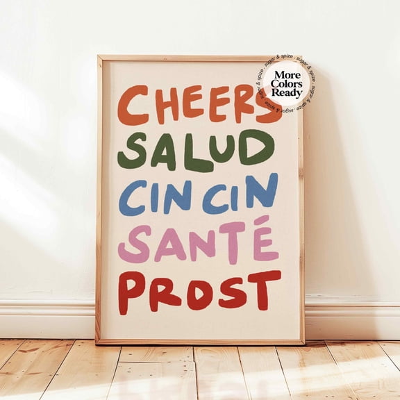 Cheers Salud Colorful Printable, Retro Bar Cart Poster, Happy Hour Wall Art Decor, Poster Only