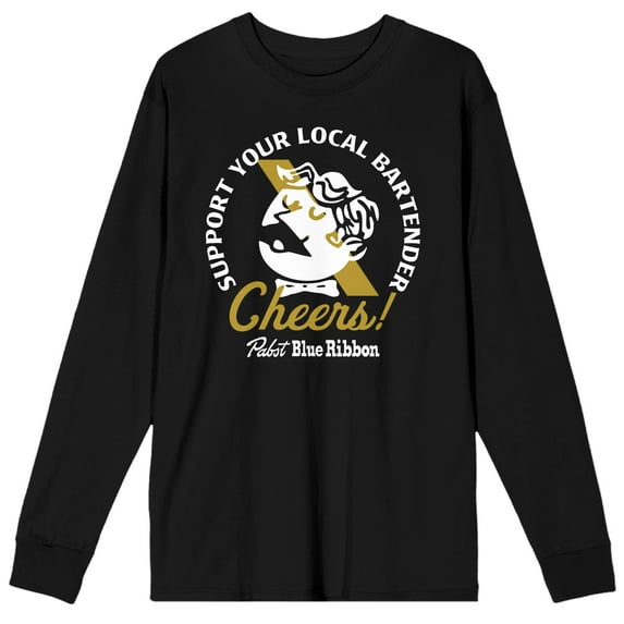 Cheers Support Your Local Bartender PBR World Logo Men's Black Long Sleeve Shirt-Medium