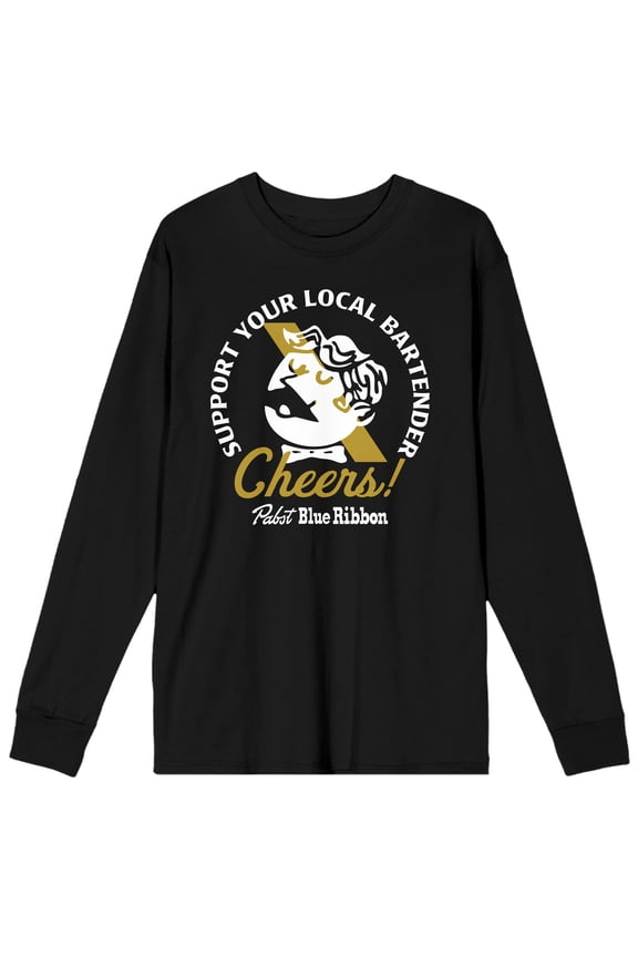 Cheers Support Your Local Bartender PBR World Logo Men's Black Long Sleeve Shirt-Medium