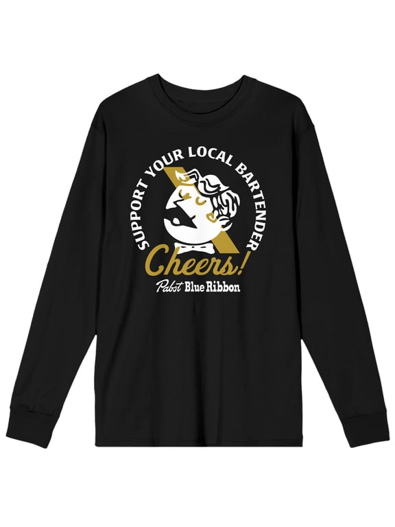 Cheers Support Your Local Bartender PBR World Logo Men's Black Long Sleeve Shirt-XS