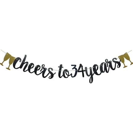 Cheers To 34 Years Banner Black Paper Glitter Party Decorations For 34TH Wedding Anniversary 34 Years Old 34TH Birthday Party Supplies Letters Black