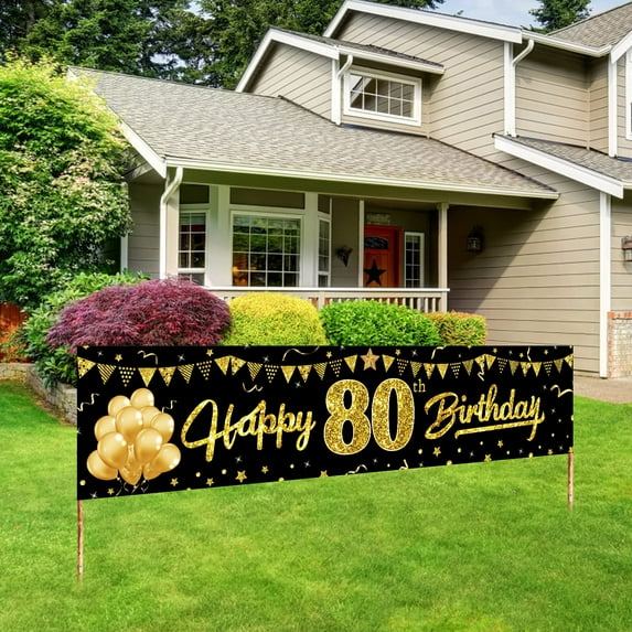 Cheers To 80 Years Banner Black Gold 80th Anniversary Party Sign 80th Happy Birthday Banners Party Supplies Decor for Outdoor