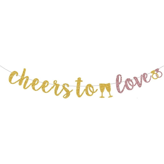 Cheers To Love Gold Glitter Banner, Pre-Strung Gold Glitter Sign For Wedding Engagement/Bachelorette/Bridal Shower Party Decors Supplies.(Pre-Strung)