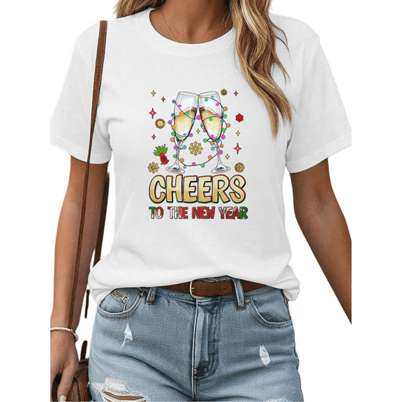 Cheers To The New Year Theme Graphic Tee T Shirt Festive Champagne Pattern Tops Short Sleeve Round Neck White S-5XL
