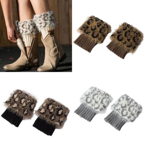 Cheers.US 1 Pair Short Women Crochet Boot Cuffs Winter Cable Knit Leg Warmers Boot Socks Stylish Leopard Print Winter Fluffy Knitted Boot Toppers Socks