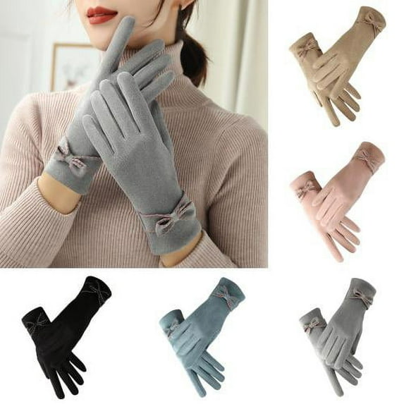 Cheers.US 1 Pair Women Winter Gloves Warm Touchscreen Gloves Windproof Gloves for Women Girls Winter Using Soft Anti-static Full Finger Cover Elegant Bow-know Plus Velvet Inside Gloves for Lady